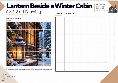 Lantern Beside a Winter Cabin Grid Drawing Worksheet | Winter Landscape Art KS3 KS4