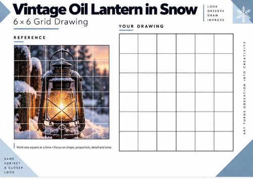 Vintage Oil Lantern in Snow Grid Drawing Worksheet | Winter Art KS3 KS4