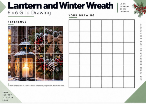 Lantern and Winter Wreath Grid Drawing Worksheet | Christmas Still Life Art KS3 KS4