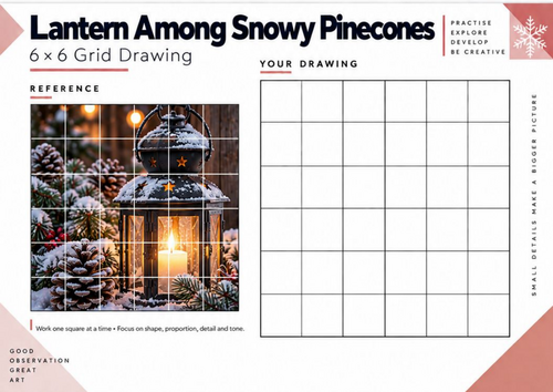 Lantern Among Snowy Pinecones Grid Drawing Worksheet | Winter Still Life KS3 KS4