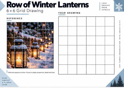 Row of Winter Lanterns Grid Drawing Worksheet | Winter Perspective Art KS3 KS4