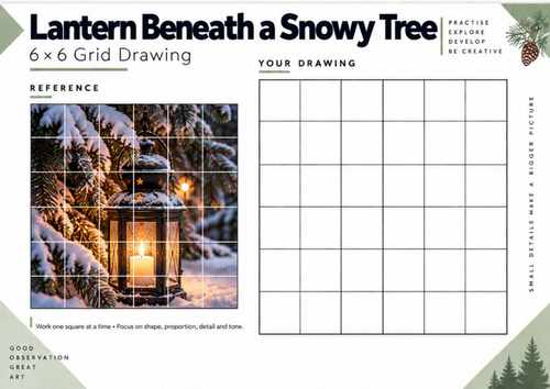 Lantern Beneath a Snowy Tree Grid Drawing Worksheet | Winter Nature Art KS3 KS4