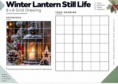 Winter Lantern Still Life Grid Drawing Worksheet | Christmas Observational Art KS3 KS4