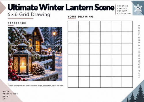 Ultimate Winter Lantern Scene Grid Drawing Worksheet | Winter Landscape Art KS3 KS4