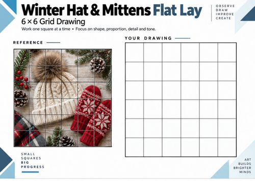 Winter Hat & Mittens Grid Drawing Worksheet | KS3 KS4 Art | Winter Observational Drawing