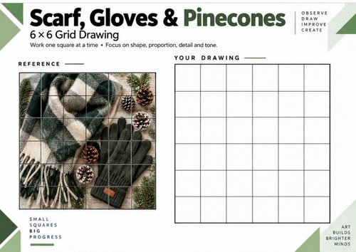 Scarf, Gloves & Pinecones Grid Drawing Worksheet | KS3 KS4 Winter Art Activity