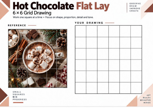 Hot Chocolate Flat Lay Grid Drawing Worksheet | KS3 KS4 Art | Winter Shading Activity