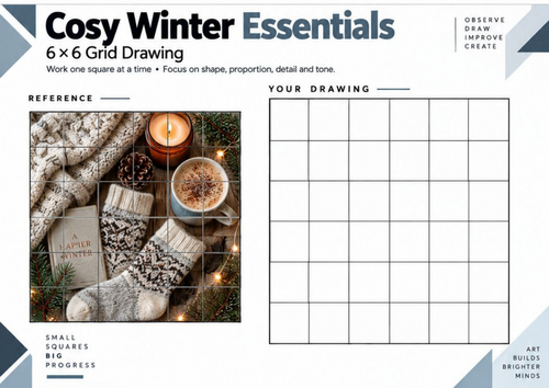 Cosy Winter Essentials Grid Drawing Worksheet | KS3 KS4 Art | Observational Drawing