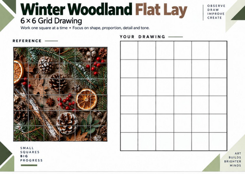 Winter Woodland Flat Lay Grid Drawing Worksheet | KS3 KS4 Art | Nature Drawing
