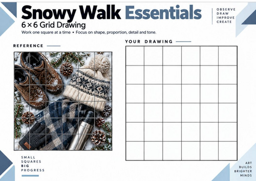 Snowy Walk Essentials Grid Drawing Worksheet | KS3 KS4 Art | Winter Drawing