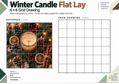 Winter Candle Flat Lay Grid Drawing Worksheet | KS3 KS4 Art | Light & Shading