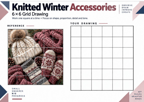 Knitted Winter Accessories Grid Drawing Worksheet | KS3 KS4 Art | Texture & Shading
