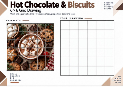 Hot Chocolate & Biscuits Grid Drawing Worksheet | KS3 KS4 Art | Food Drawing