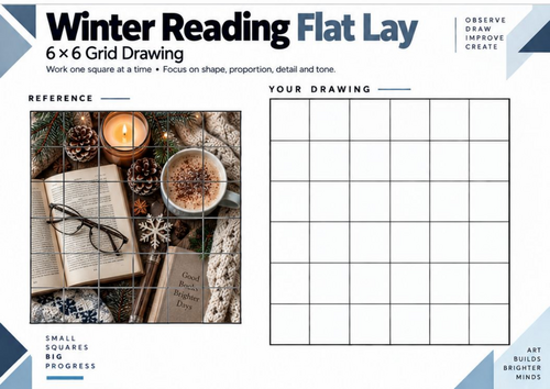 Winter Reading Flat Lay Grid Drawing Worksheet | KS3 KS4 Art | Observational Drawing