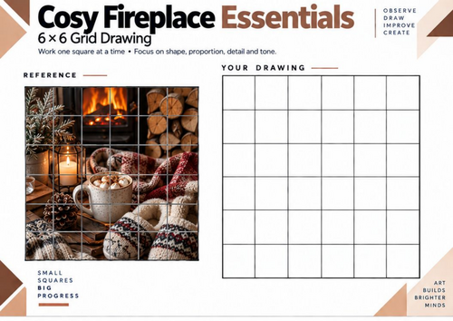 Cosy Fireplace Essentials Grid Drawing Worksheet | KS3 KS4 Art | Tonal Shading