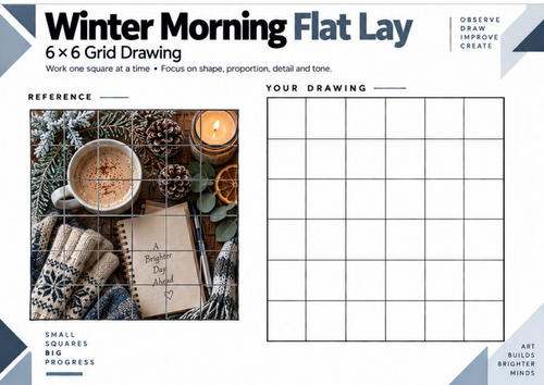 Winter Morning Flat Lay Grid Drawing Worksheet | KS3 KS4 Art | Winter Still Life