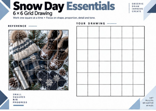 Snow Day Essentials Grid Drawing Worksheet | KS3 KS4 Art | Texture Drawing