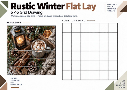 Rustic Winter Flat Lay Grid Drawing Worksheet | KS3 KS4 Art | Still Life Shading