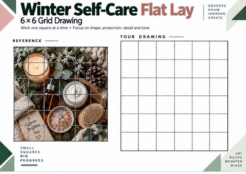 Winter Self-Care Flat Lay Grid Drawing Worksheet | KS3 KS4 Art | Texture & Tone