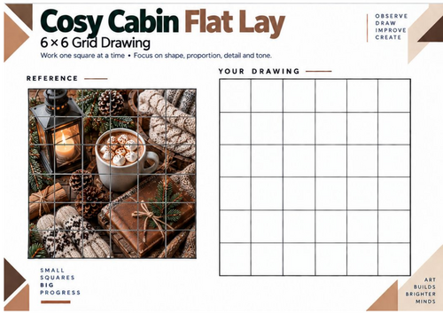 Cosy Cabin Flat Lay Grid Drawing Worksheet | KS3 KS4 Art | Winter Observational Art