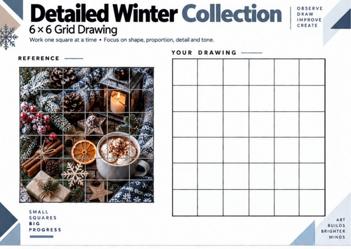 Detailed Winter Collection Grid Drawing Worksheet | KS3 KS4 Art | Advanced Shading