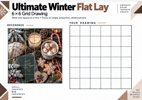 Ultimate Winter Flat Lay Grid Drawing Worksheet | KS3 KS4 Art | Detailed Winter Drawing