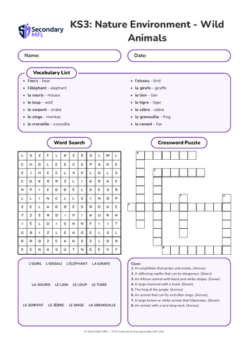 KS3 French: Wild Animals Activity Pack