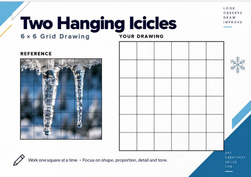 Two Hanging Icicles Grid Drawing Worksheet | Winter Art | KS3 & KS4 Drawing Skills