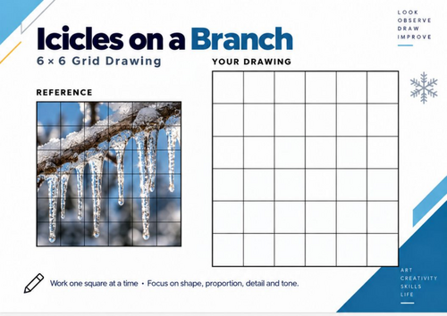 Icicles on a Branch Grid Drawing Worksheet | Winter Nature Art | KS3 & KS4