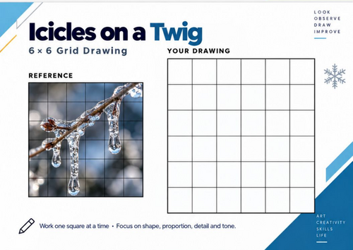 Icicles on a Twig Grid Drawing Worksheet | Winter Nature Drawing | KS3 & KS4 Art