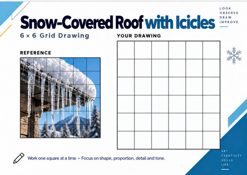 Snow-Covered Roof with Icicles Grid Drawing Worksheet | Winter Art | KS3 & KS4