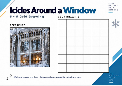 Icicles Around a Window Grid Drawing Worksheet | Winter Architecture Art | KS3 & KS4