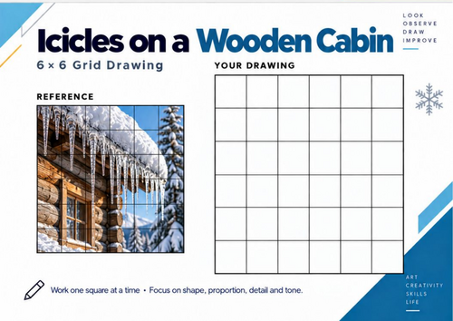 Icicles on a Wooden Cabin Grid Drawing Worksheet | Winter Landscape Art | KS3 & KS4