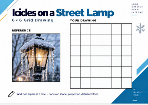 Icicles on a Street Lamp Grid Drawing Worksheet | Winter Art Activity | KS3 & KS4