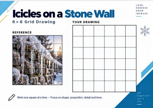 Icicles on a Stone Wall Grid Drawing Worksheet | Winter Texture Art | KS3 & KS4