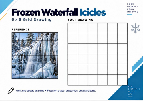 Frozen Waterfall Icicles Grid Drawing Worksheet | Winter Landscape Art | KS3 & KS4