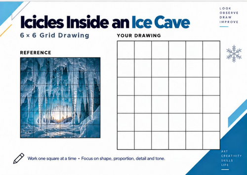 Icicles Inside an Ice Cave Grid Drawing Worksheet | Winter Art Activity | KS3 & KS4