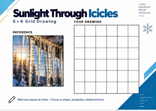 Sunlight Through Icicles Grid Drawing Worksheet | Winter Light & Shadow Art | KS3 & KS4