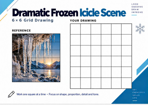 Dramatic Frozen Icicle Scene Grid Drawing Worksheet | Winter Landscape Art | KS3 & KS4