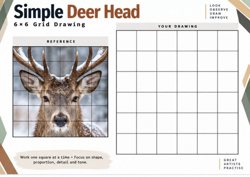 Deer Head Grid Drawing Worksheet | Wildlife Observational Drawing | KS3 KS4 Art