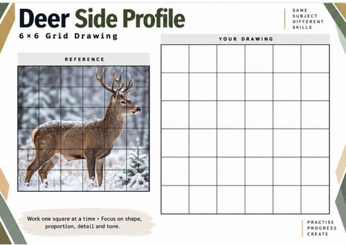 Deer Side Profile Grid Drawing Worksheet | Animal Drawing Activity | KS3 KS4 Art