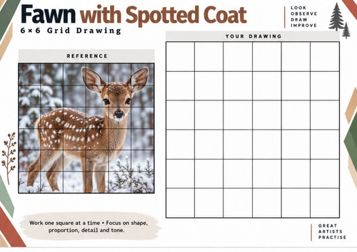 Spotted Fawn Grid Drawing Worksheet | Deer Wildlife Drawing Activity | KS3 KS4 Art