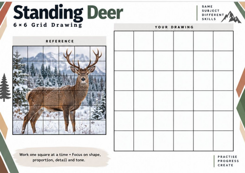 Standing Deer Grid Drawing Worksheet | Wildlife Animal Drawing | KS3 KS4 Art