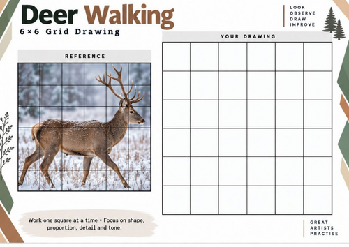 Deer Walking Grid Drawing Worksheet | Animal Movement Drawing | KS3 KS4 Art