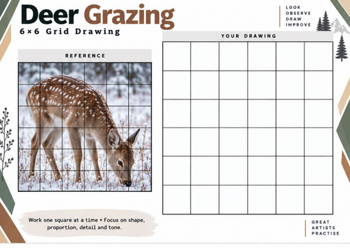 Deer Grazing Grid Drawing Worksheet | Wildlife Observational Art | KS3 KS4