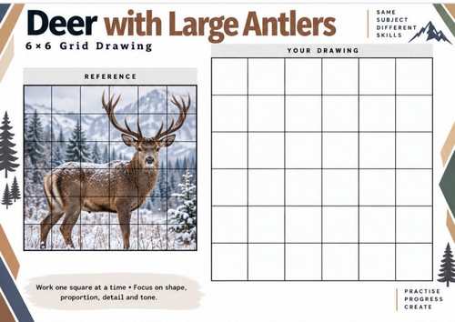 Deer with Large Antlers Grid Drawing Worksheet | Stag Wildlife Art | KS3 KS4
