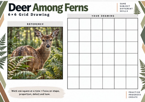Deer Among Ferns Grid Drawing Worksheet | Woodland Wildlife Art | KS3 KS4
