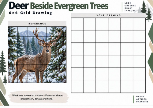 Deer and Evergreen Trees Grid Drawing Worksheet | Winter Wildlife Art | KS3 KS4