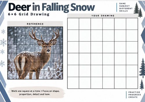 Deer in Falling Snow Grid Drawing Worksheet | Winter Art Activity | KS3 KS4