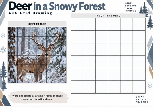 Deer in a Snowy Forest Grid Drawing Worksheet | Winter Woodland Art | KS3 KS4
